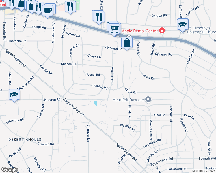 map of restaurants, bars, coffee shops, grocery stores, and more near 18820 Otomian Road in Apple Valley