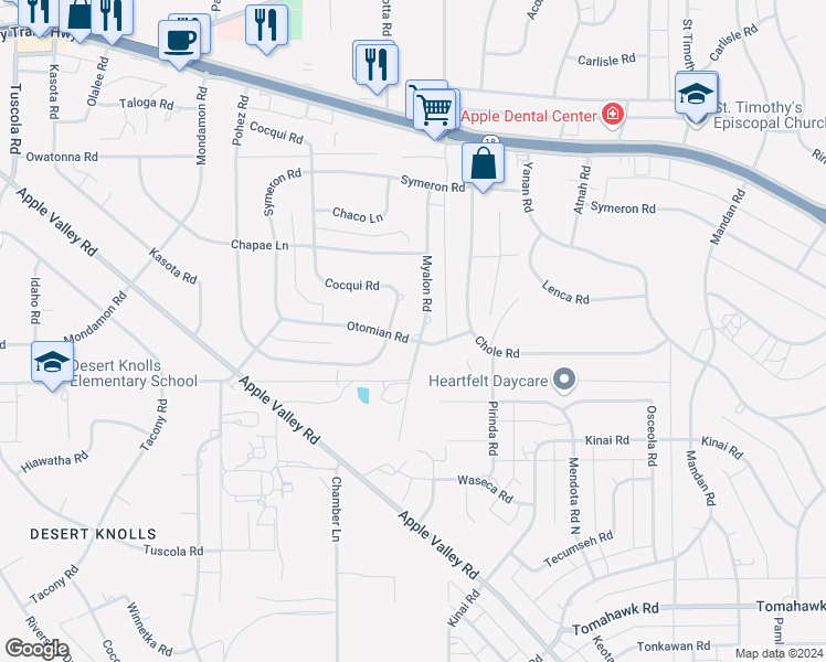 map of restaurants, bars, coffee shops, grocery stores, and more near 18820 Otomian Road in Apple Valley