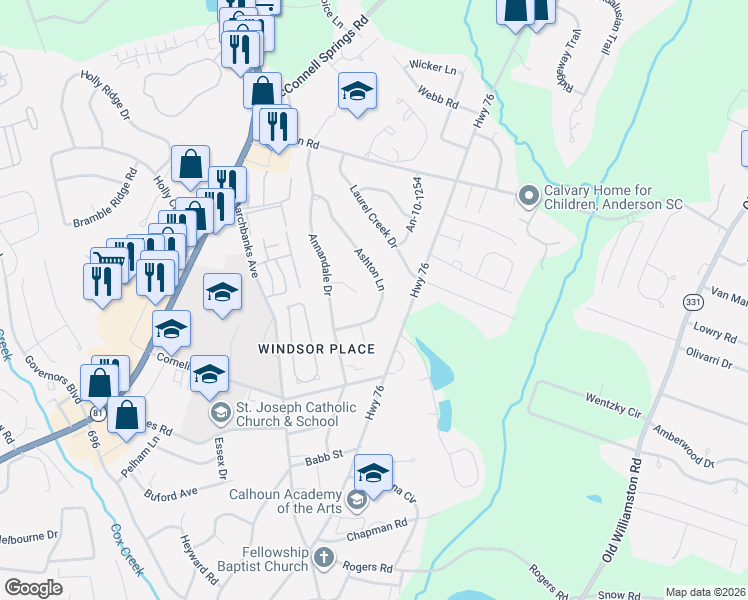 map of restaurants, bars, coffee shops, grocery stores, and more near 119 Ashton Lane in Anderson