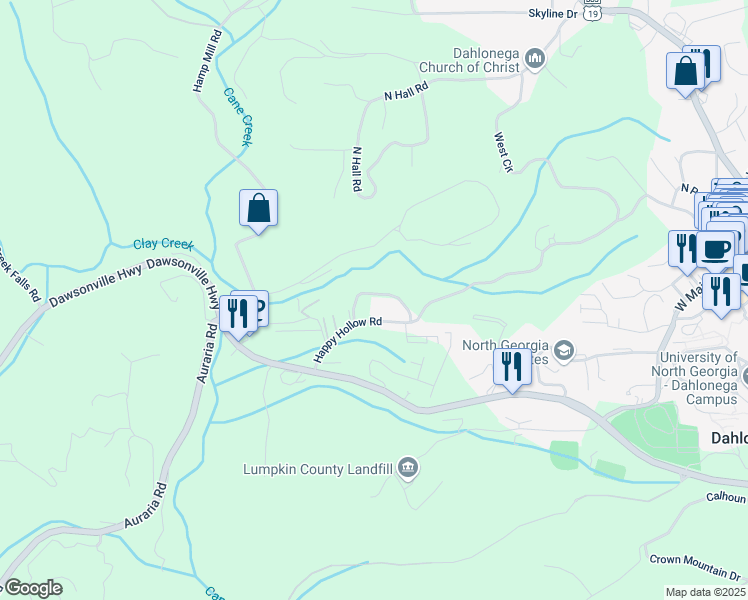 map of restaurants, bars, coffee shops, grocery stores, and more near 125 Mountain Laurel Circle in Dahlonega