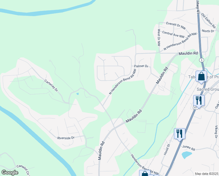 map of restaurants, bars, coffee shops, grocery stores, and more near 615 North Henderson Bend Road Northwest in Calhoun