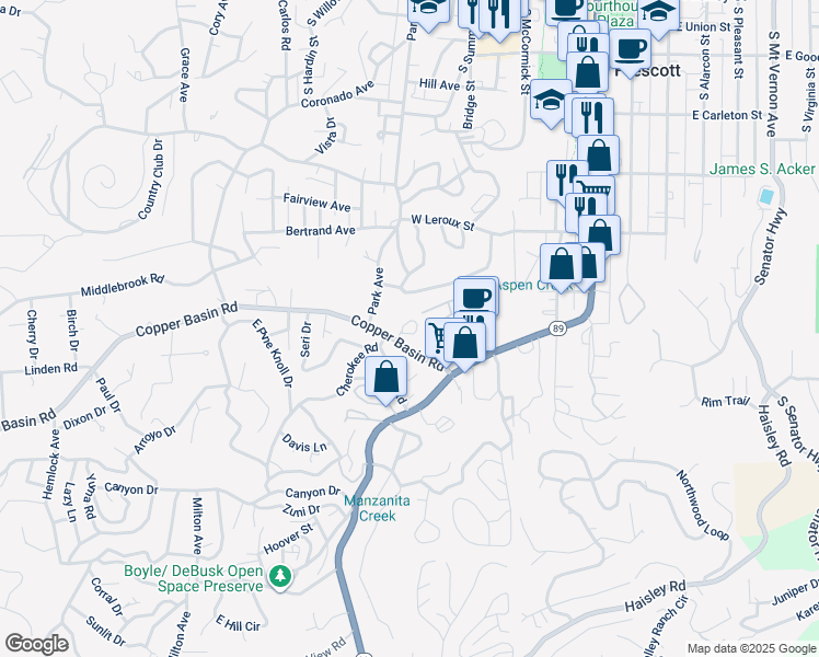 map of restaurants, bars, coffee shops, grocery stores, and more near 600 Copper Basin Road in Prescott
