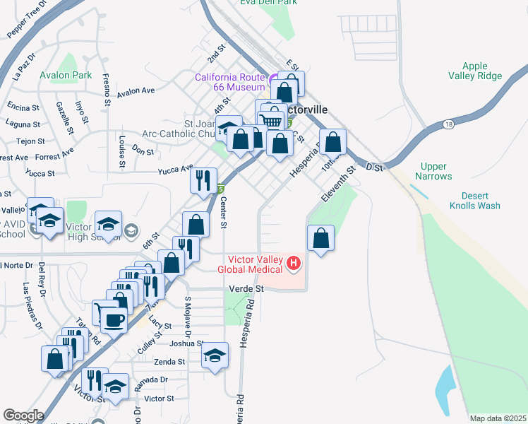 map of restaurants, bars, coffee shops, grocery stores, and more near 15407 Hesperia Road in Victorville