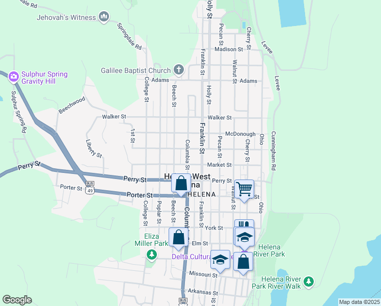 map of restaurants, bars, coffee shops, grocery stores, and more near 824 Columbia Street in Helena-West Helena