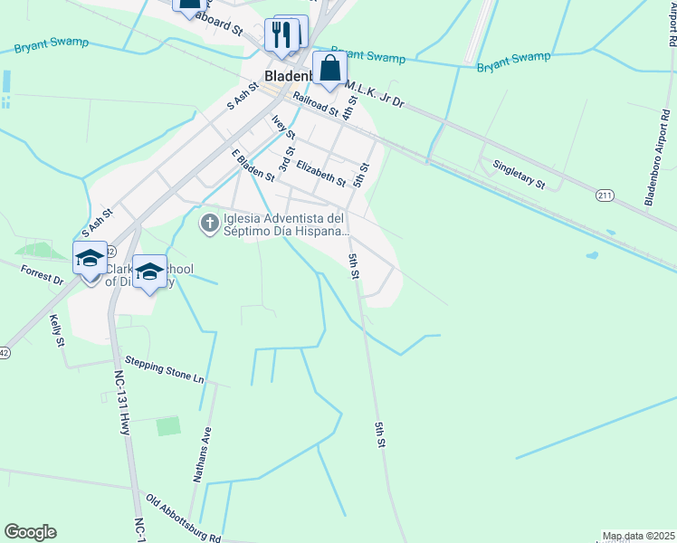 map of restaurants, bars, coffee shops, grocery stores, and more near 801 5th Street in Bladenboro