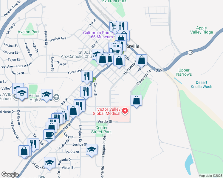 map of restaurants, bars, coffee shops, grocery stores, and more near 15407 Hesperia Road in Victorville
