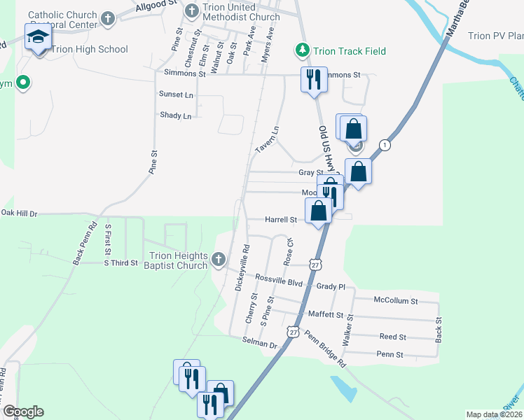 map of restaurants, bars, coffee shops, grocery stores, and more near 265 Moore Street in Trion