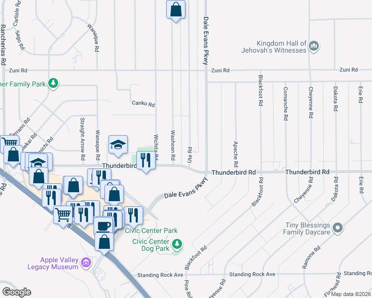 map of restaurants, bars, coffee shops, grocery stores, and more near 15410 Ute Road in Apple Valley