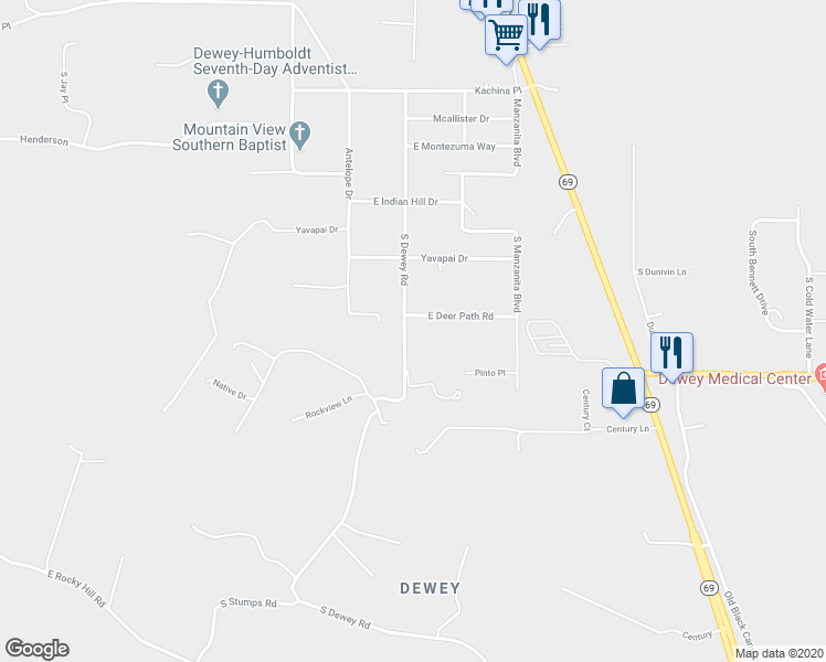 map of restaurants, bars, coffee shops, grocery stores, and more near 825 South Dewey Road in Dewey-Humboldt