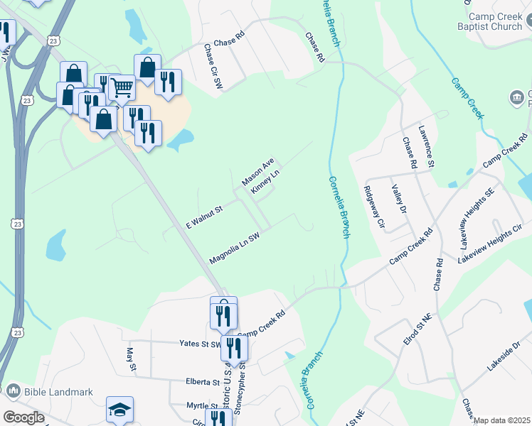 map of restaurants, bars, coffee shops, grocery stores, and more near 483 East Walnut Street in Cornelia
