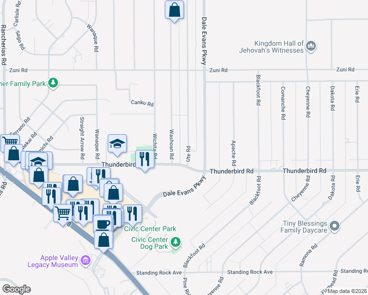 map of restaurants, bars, coffee shops, grocery stores, and more near 15410 Ute Road in Apple Valley