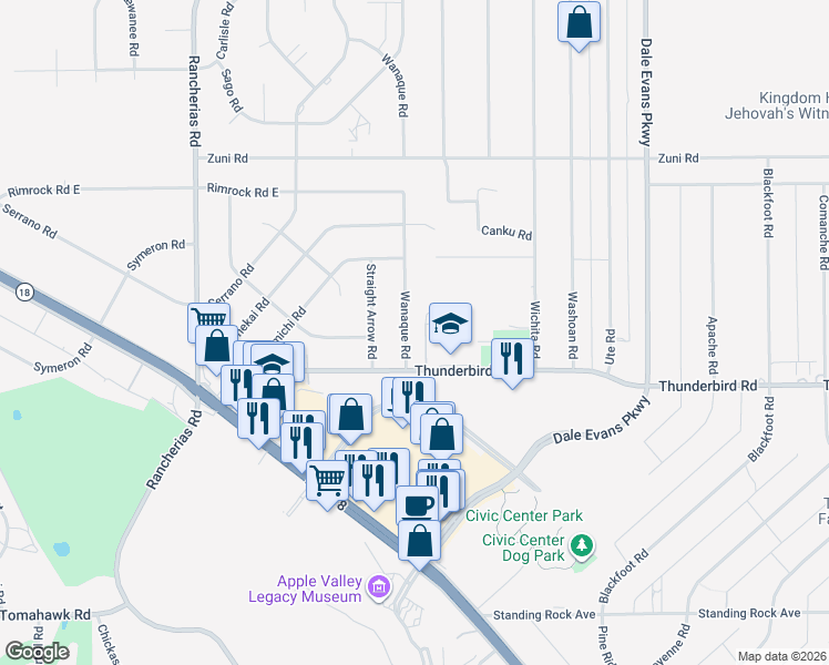 map of restaurants, bars, coffee shops, grocery stores, and more near 15415 Wanaque Road in Apple Valley