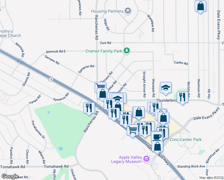 map of restaurants, bars, coffee shops, grocery stores, and more near 15423 Tonekai Road in Apple Valley