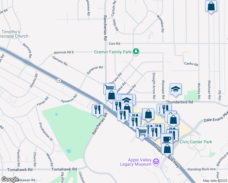 map of restaurants, bars, coffee shops, grocery stores, and more near 20135 Serrano Road in Apple Valley