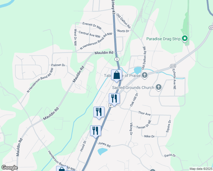 map of restaurants, bars, coffee shops, grocery stores, and more near 116 Creek Side Drive in Calhoun