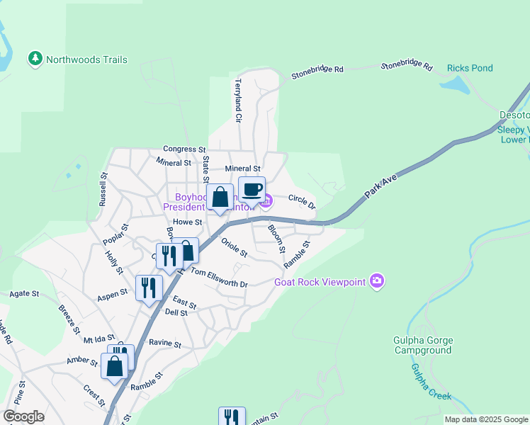 map of restaurants, bars, coffee shops, grocery stores, and more near 1011 Park Avenue in Hot Springs National Park