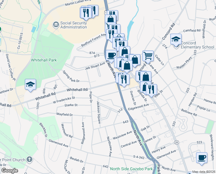 map of restaurants, bars, coffee shops, grocery stores, and more near 211 Whitehall Road in Anderson