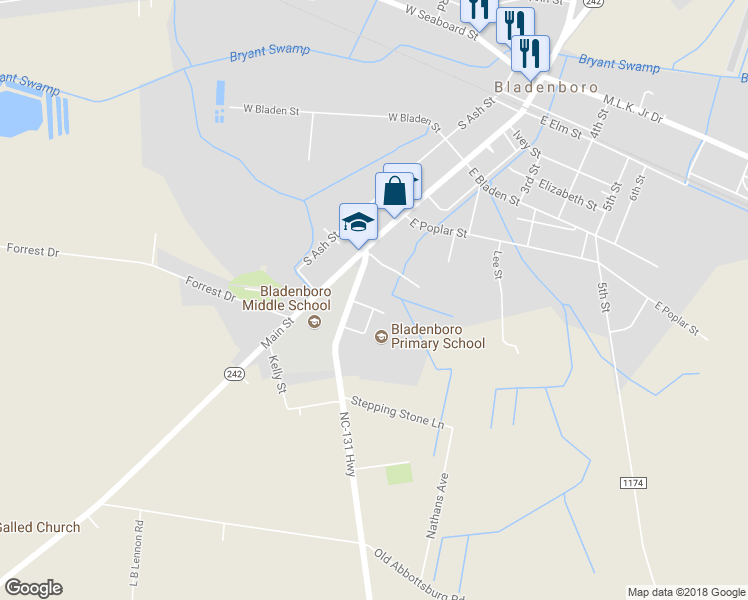 map of restaurants, bars, coffee shops, grocery stores, and more near 108 Palmetta Street in Bladenboro