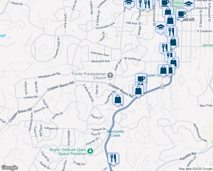 map of restaurants, bars, coffee shops, grocery stores, and more near 699 Copper Basin Road in Prescott