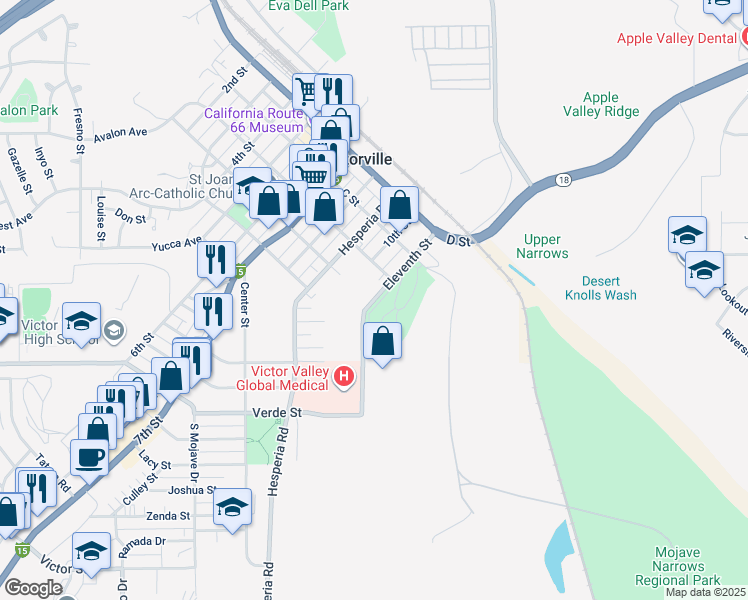 map of restaurants, bars, coffee shops, grocery stores, and more near Eleventh Street in Victorville