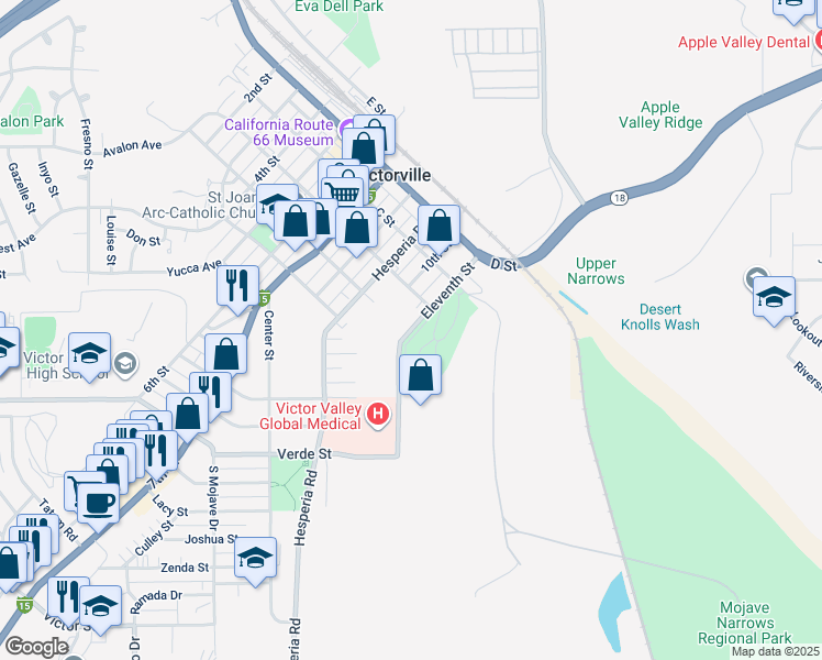 map of restaurants, bars, coffee shops, grocery stores, and more near Eleventh Street in Victorville