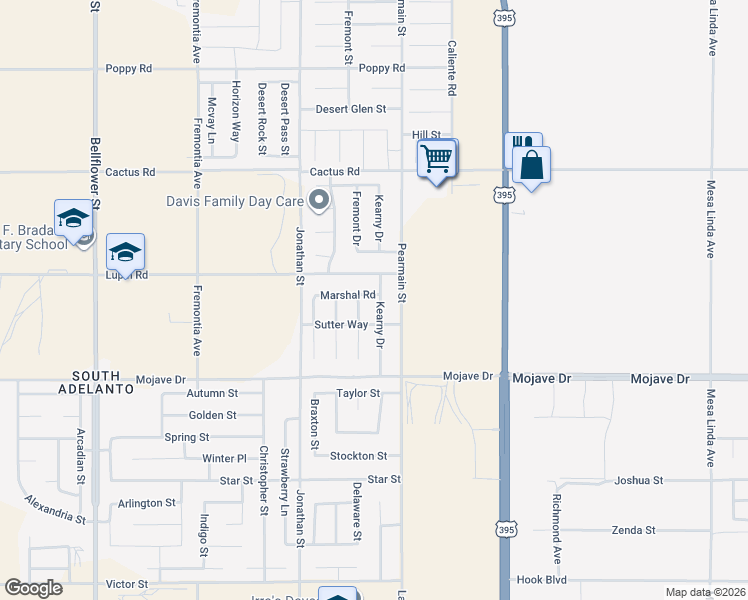 map of restaurants, bars, coffee shops, grocery stores, and more near 15446 Kearny Drive in Adelanto
