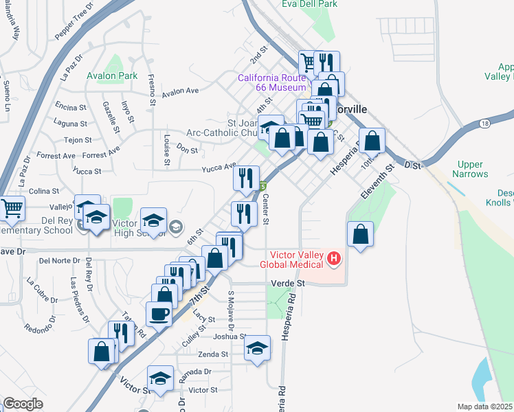 map of restaurants, bars, coffee shops, grocery stores, and more near 15369 7th Street in Victorville