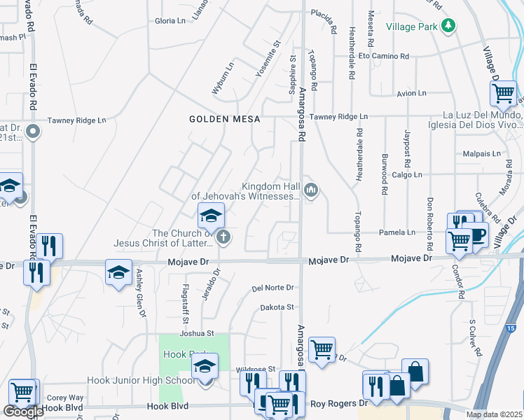 map of restaurants, bars, coffee shops, grocery stores, and more near 15197 Mesquite Place in Victorville