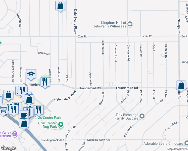 map of restaurants, bars, coffee shops, grocery stores, and more near 15421 Apache Road in Apple Valley