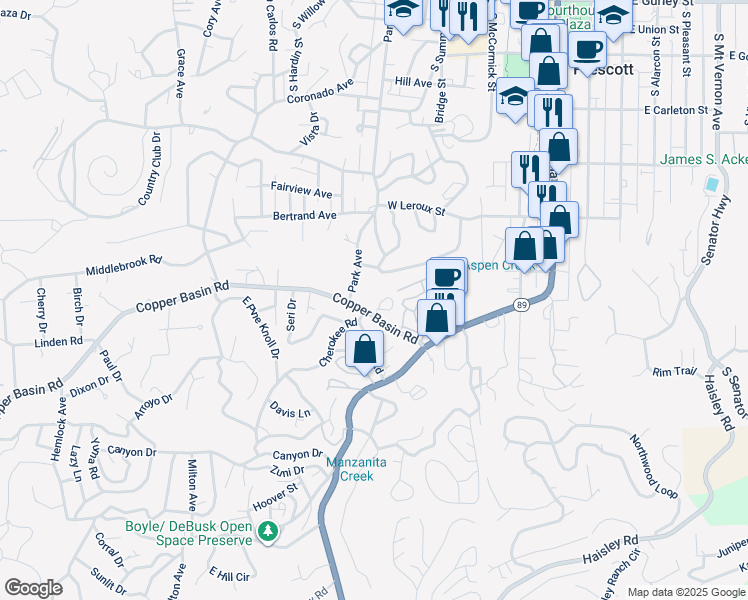 map of restaurants, bars, coffee shops, grocery stores, and more near 600 Copper Basin Road in Prescott