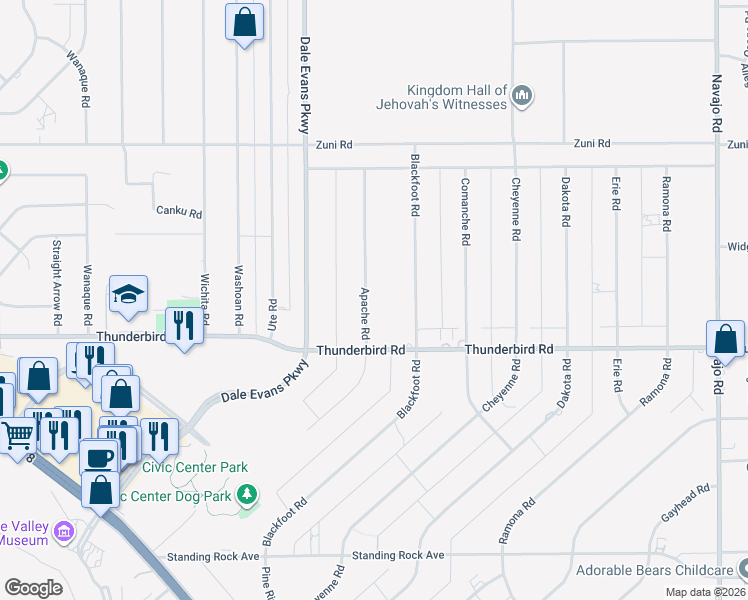 map of restaurants, bars, coffee shops, grocery stores, and more near 15395 Apache Road in Apple Valley