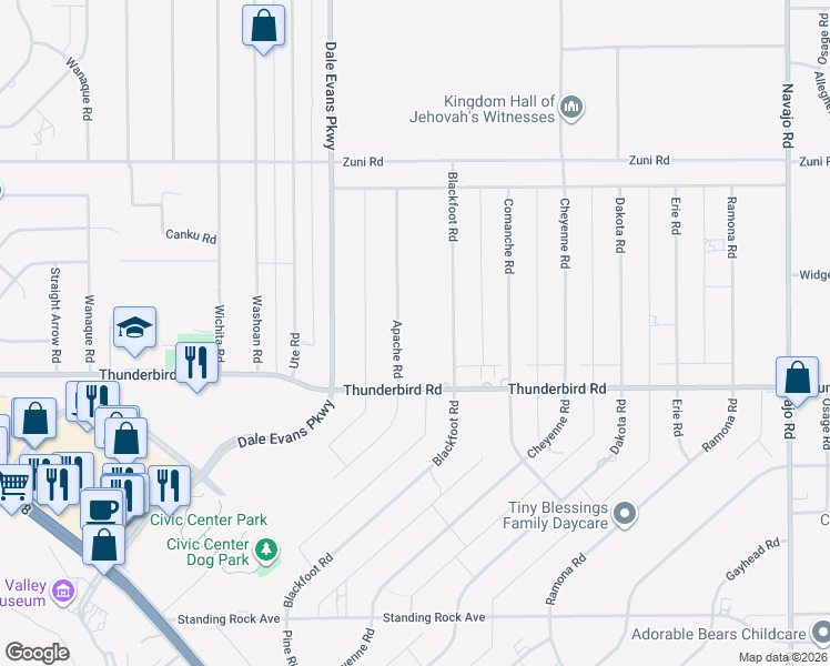 map of restaurants, bars, coffee shops, grocery stores, and more near 15421 Apache Road in Apple Valley