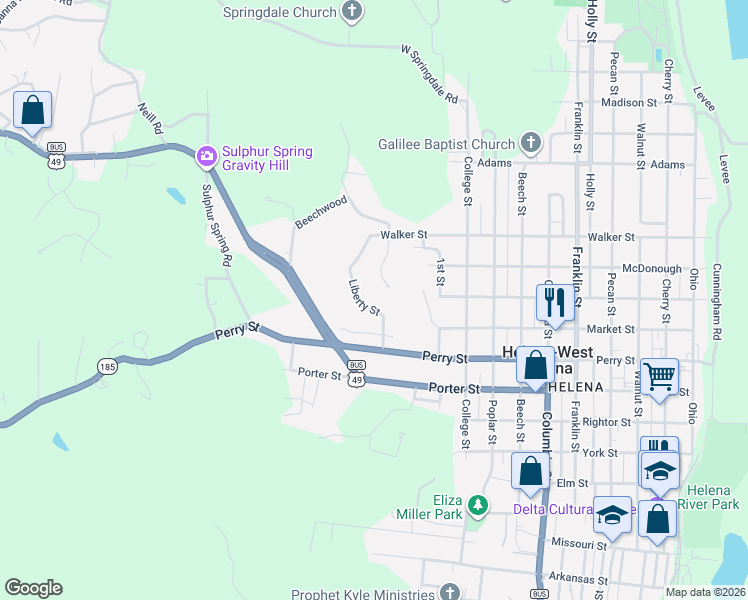 map of restaurants, bars, coffee shops, grocery stores, and more near 123 South Summit in Helena-West Helena