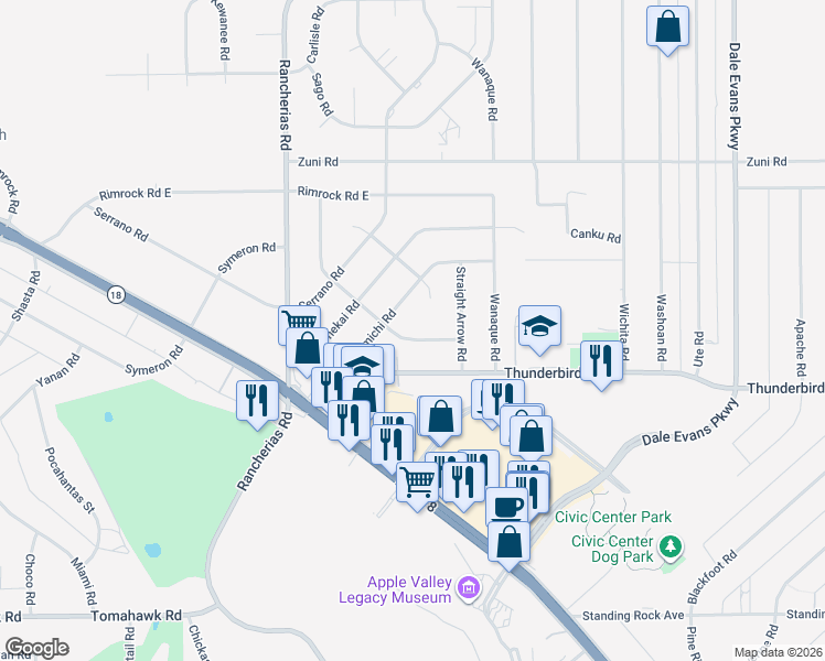 map of restaurants, bars, coffee shops, grocery stores, and more near 15331 Broken Bow Road in Apple Valley