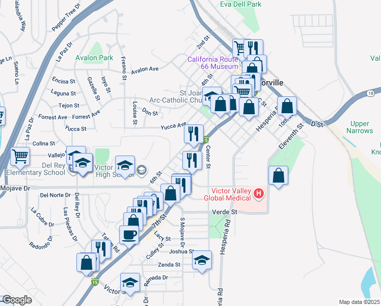 map of restaurants, bars, coffee shops, grocery stores, and more near 15365 Westside Road in Victorville