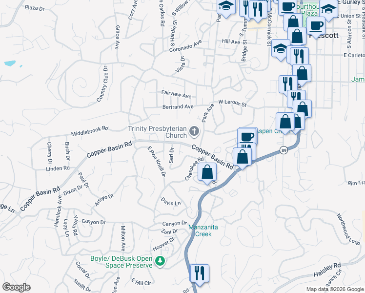 map of restaurants, bars, coffee shops, grocery stores, and more near 699 Copper Basin Road in Prescott