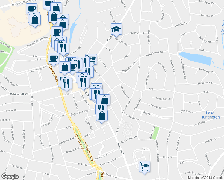 map of restaurants, bars, coffee shops, grocery stores, and more near 2600 Anderson Road in Greenville