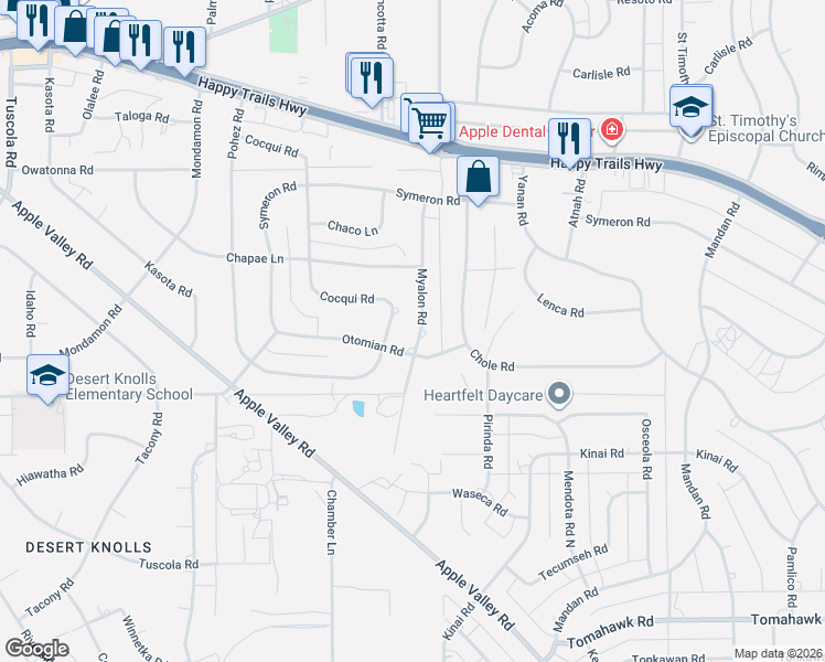 map of restaurants, bars, coffee shops, grocery stores, and more near 15412 Myalon Road in Apple Valley