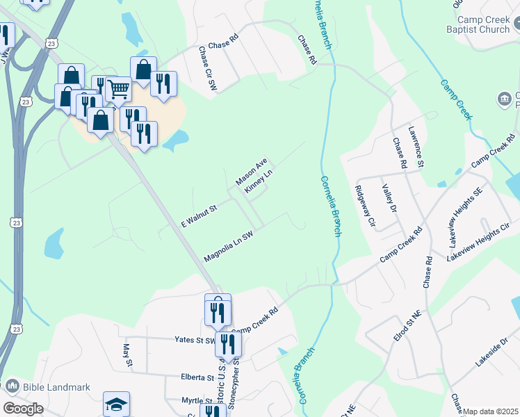 map of restaurants, bars, coffee shops, grocery stores, and more near 483 East Walnut Street in Cornelia