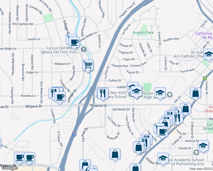 map of restaurants, bars, coffee shops, grocery stores, and more near 16114 Vallejo Street in Victorville