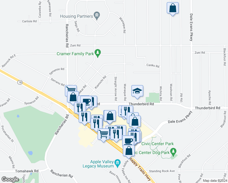 map of restaurants, bars, coffee shops, grocery stores, and more near 15406 Straight Arrow Road in Apple Valley
