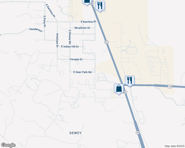 map of restaurants, bars, coffee shops, grocery stores, and more near 12475 East Deer Path Road in Dewey-Humboldt