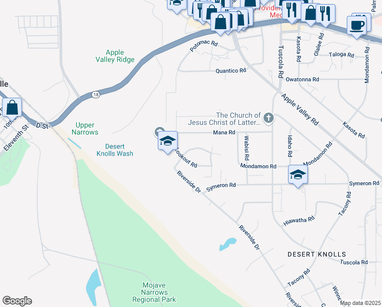 map of restaurants, bars, coffee shops, grocery stores, and more near 17785 Branding Iron Road in Apple Valley