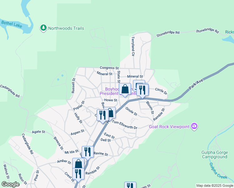 map of restaurants, bars, coffee shops, grocery stores, and more near 129 Pullman Avenue in Hot Springs