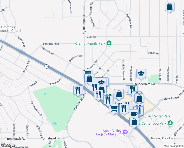 map of restaurants, bars, coffee shops, grocery stores, and more near 15408 Tonekai Road in Apple Valley