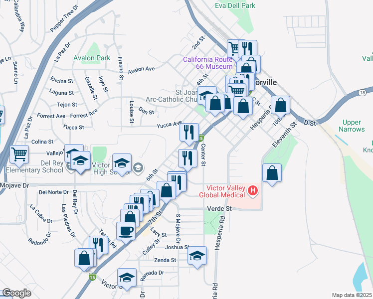 map of restaurants, bars, coffee shops, grocery stores, and more near 15365 Westside Road in Victorville