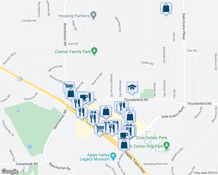 map of restaurants, bars, coffee shops, grocery stores, and more near 15406 Straight Arrow Road in Apple Valley