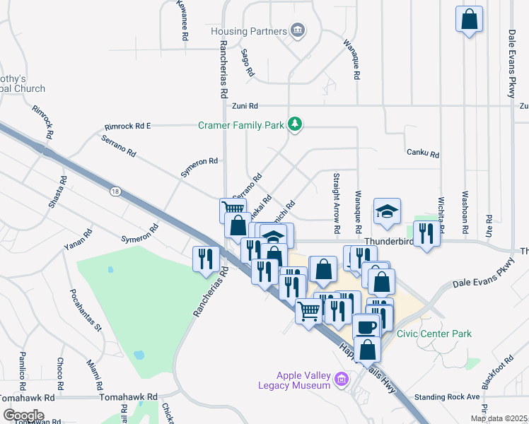 map of restaurants, bars, coffee shops, grocery stores, and more near 15423 Tonekai Road in Apple Valley