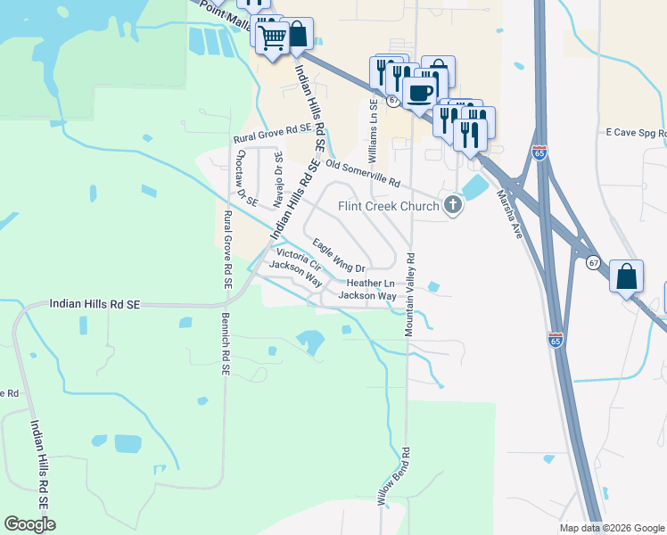 map of restaurants, bars, coffee shops, grocery stores, and more near 103 Eagle Wing Drive in Decatur