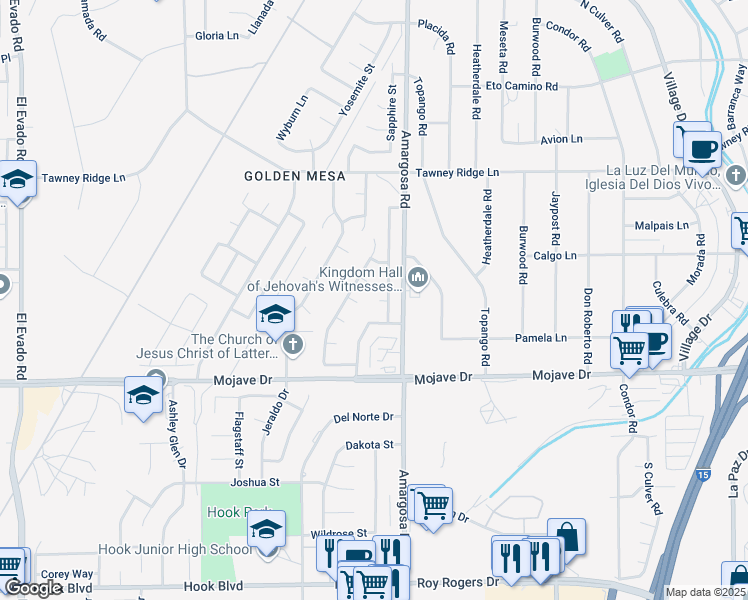 map of restaurants, bars, coffee shops, grocery stores, and more near 15440 Chaparral Street in Victorville